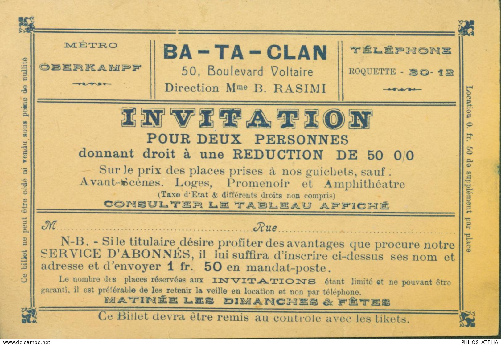 Billet D'entrée Ticket Invitation Pour 2 Personnes BATACLAN BA TA CLAN Paris Dos Sigle YMCA Y.M.C.A Canadian - Eintrittskarten