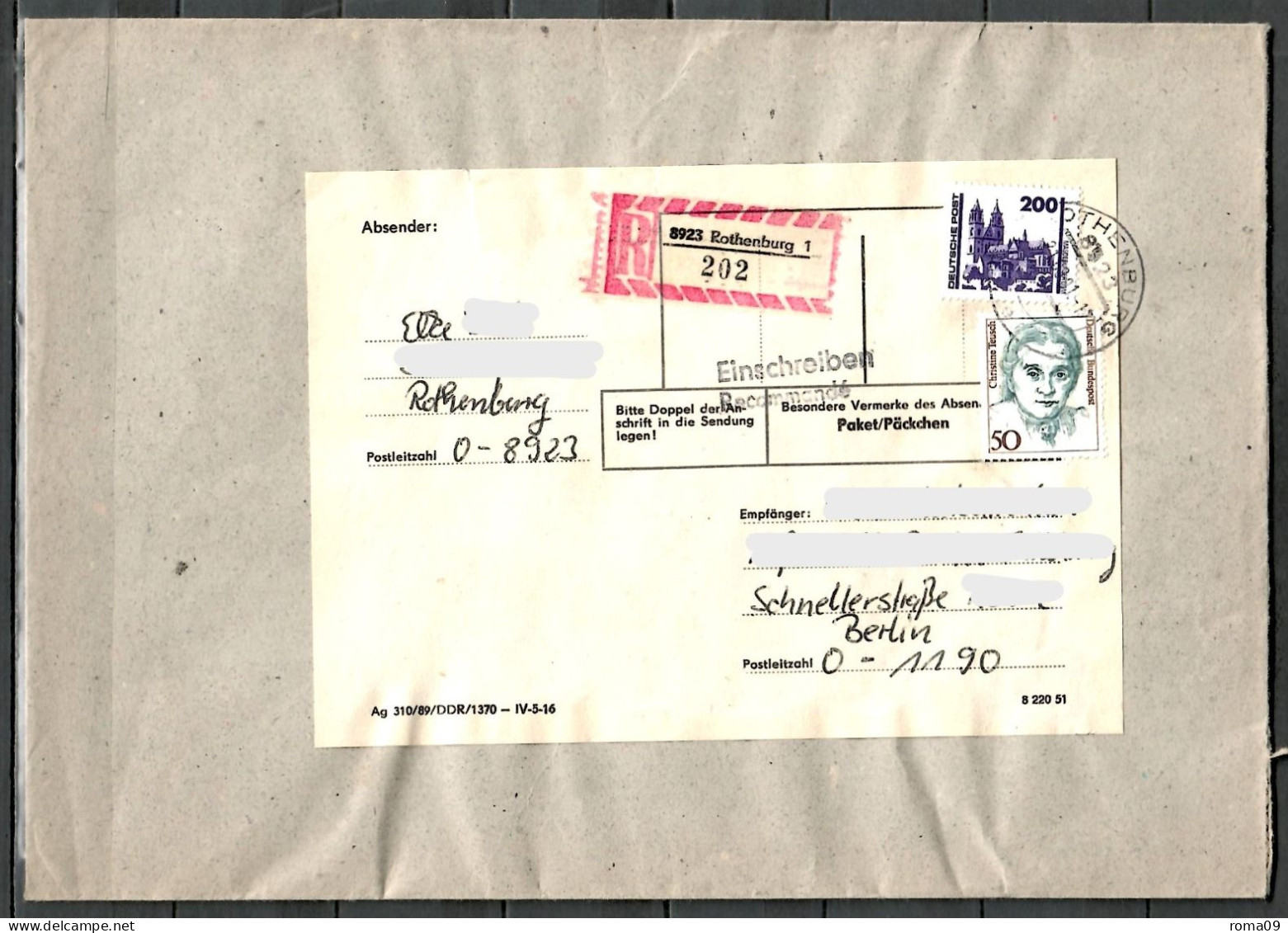 DDR MiNr. 3351 + BRD 1304; Dom Magdeburg, Auf Portoger. Brief/Einschreiben Von Rothenburg Nach Berlin; C-41 - Covers & Documents