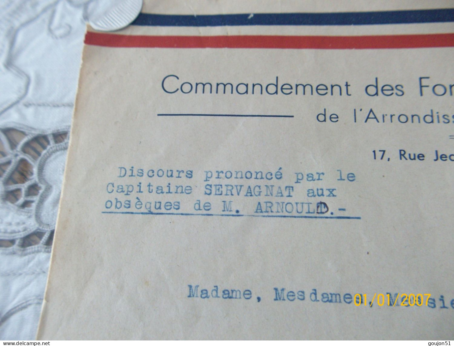 Lettre Commandement Des Forces Française De L' Intérieur De L'Arrondissement D'Epernay Discours Prononcé Par Le Capitain - Documenten