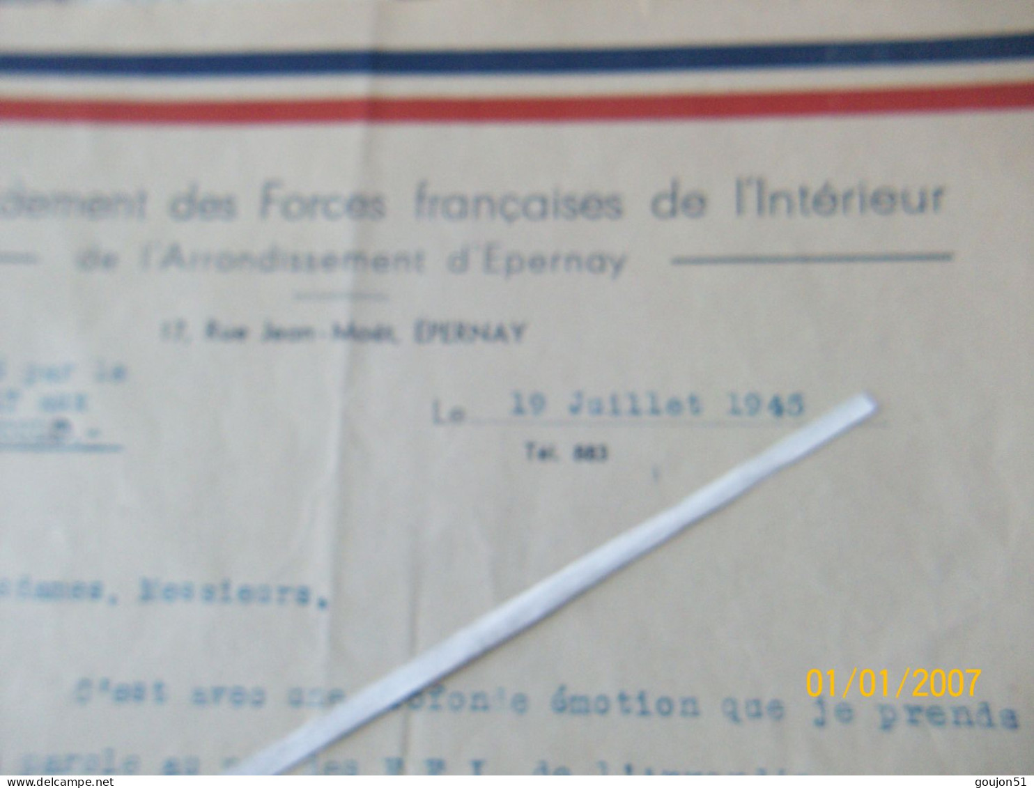 Lettre Commandement Des Forces Française De L' Intérieur De L'Arrondissement D'Epernay Discours Prononcé Par Le Capitain - Dokumente