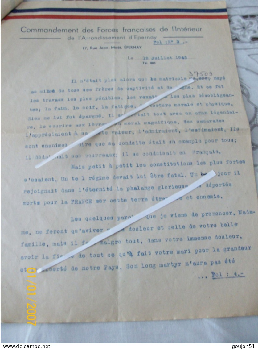 Lettre Commandement Des Forces Française De L' Intérieur De L'Arrondissement D'Epernay Discours Prononcé Par Le Capitain - Documentos