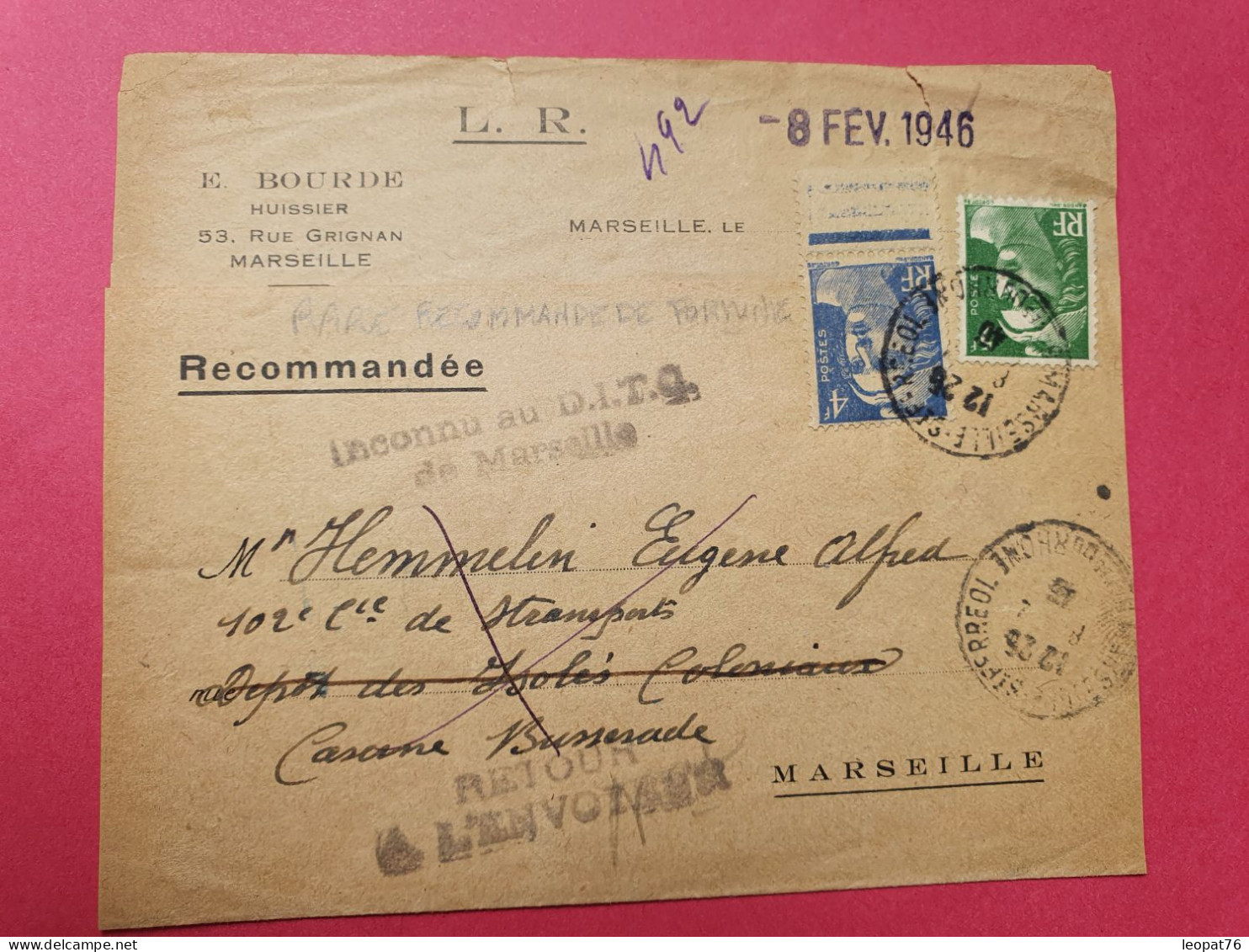 Gandon 4fr + 5fr Sur Lettre D'Huissier En Recommandé Provisoire De Marseille Pour Marseille En 1946  - Réf 3505 - 1921-1960: Periodo Moderno
