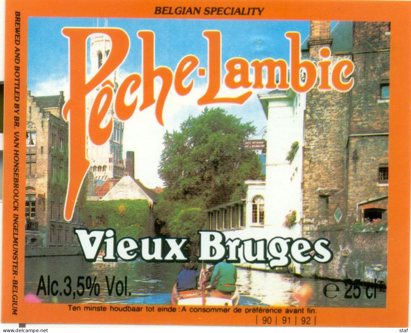 Oud Etiket Bier Pêche-Lambic Vieux Bruges - Brouwerij / Brasserie Van Honsebrouck Te Ingelmunster - Birra
