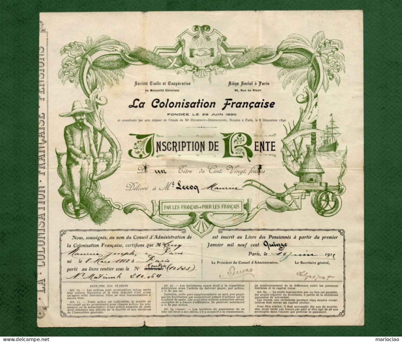 T-CFR La Colonisation Française Inscription De Rente De 120 Francs  1919 - Otros & Sin Clasificación