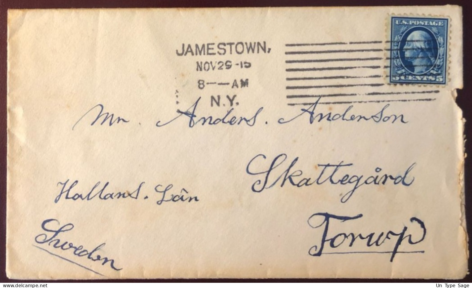 Etats-Unis, Divers Sur Enveloppe, Oblitération Mécanique JAMESTOWN 29.11.1915 Pour La Suède - (B2752) - Poststempel