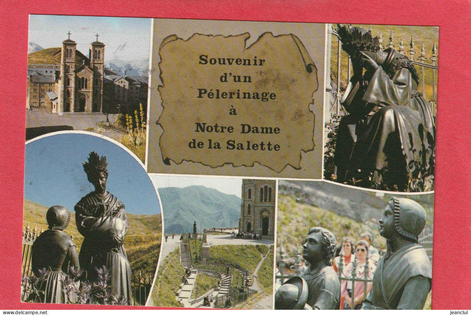 CPM. MULTIVUES " SOUVENIR D'UN PELERINAGE A NOTRE-DAME DE LA SALETTE .  AFFR AU VERSO LE 3-9-1990  .  2 SCANNES - La Salette