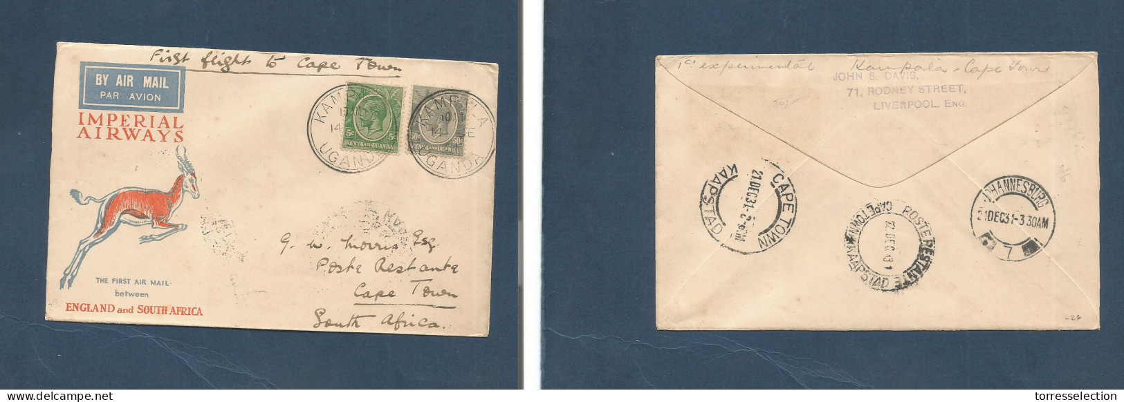 BC - Kenya. 1931 (14 Dec) Uganda, Kampola - South Africa, Capetown (21-22 Dec) First Flight. Illustr Multifkd Envelope,  - Sonstige & Ohne Zuordnung