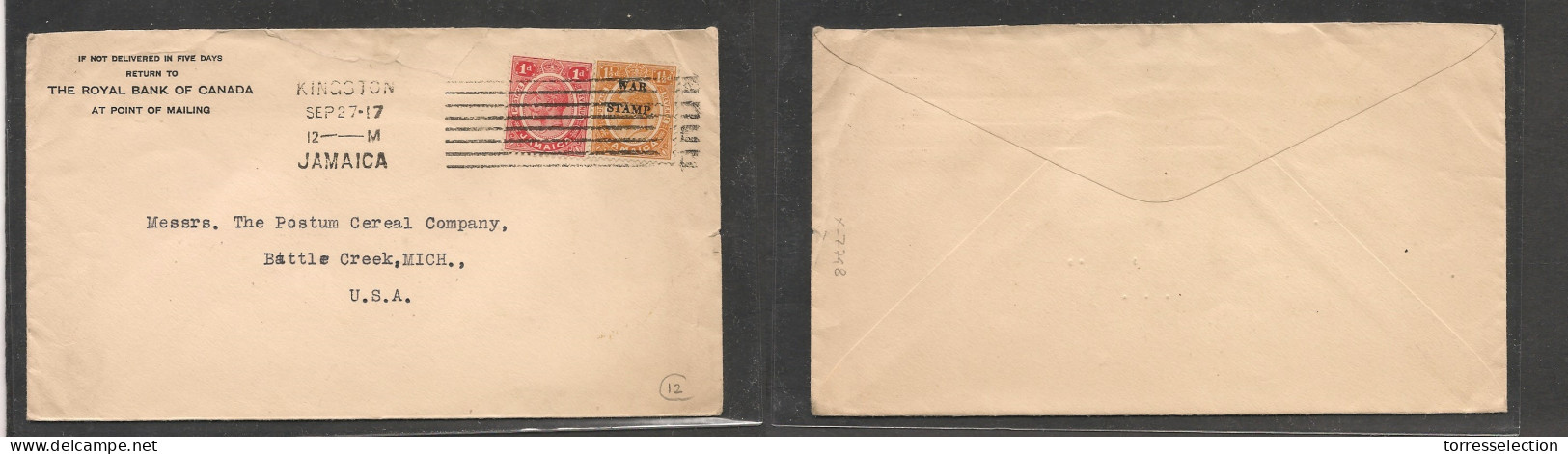 BC - Jamaica. BC Jamaica Cover - 1917 WW1 Kingston To USA Battle Creek Mich Mult Fkd Env Incl War Stamp XSALE. - Autres & Non Classés