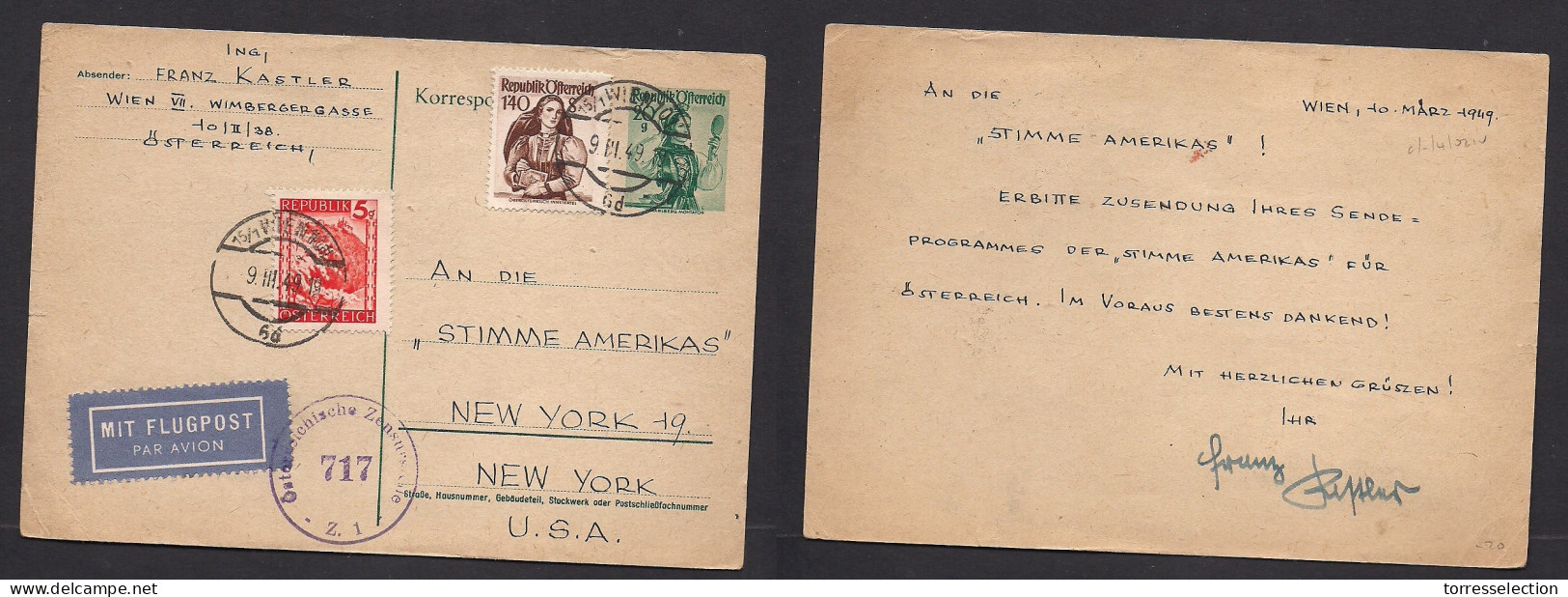 AUSTRIA - XX. 1949 (9 March) Wien - USA, NYC. 20g Green + 2 Adtl, Air Allied Censored Stat Card. Fine Used. XSALE. - Otros & Sin Clasificación
