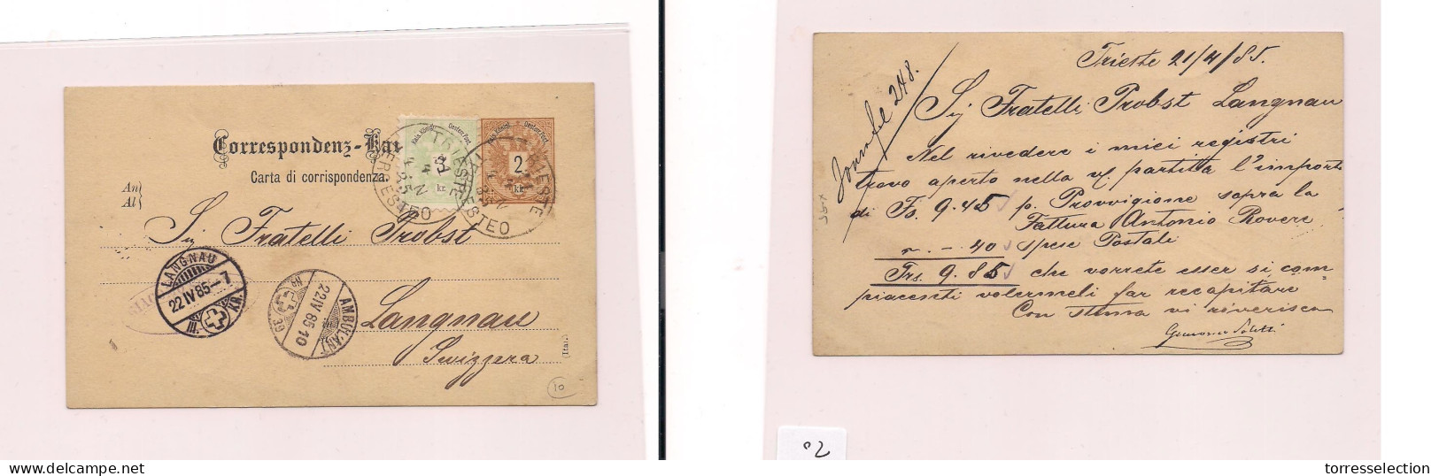 AUSTRIA. Cover - 1885 Triest To Switz Stat Card Plus XSALE. - Sonstige & Ohne Zuordnung