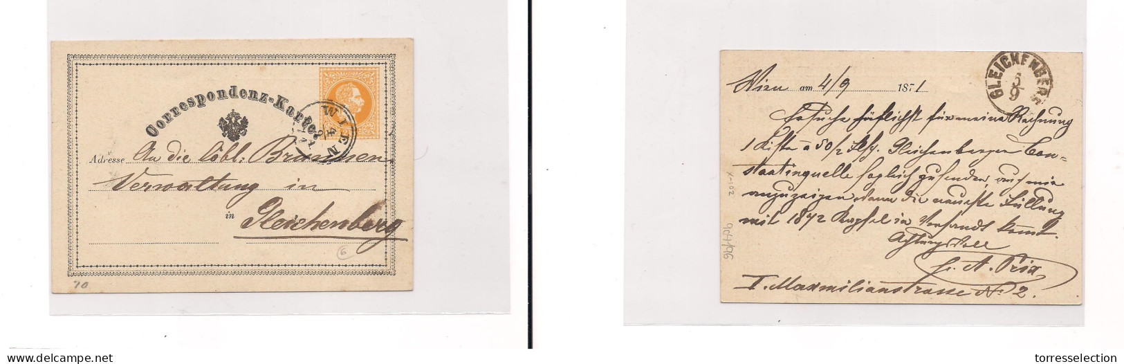AUSTRIA. Cover -  1871 Wien Stat Card To Gleichenberg XSALE. - Autres & Non Classés