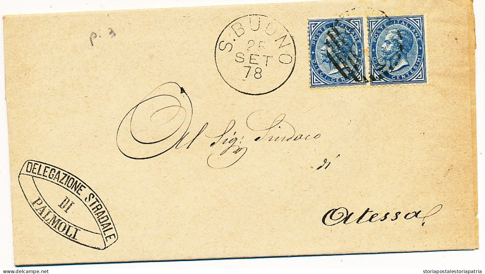 1878 S.BUONO CERCHIO GRANDE + NUMERALE A SBARRE DA PALMOLI - Storia Postale