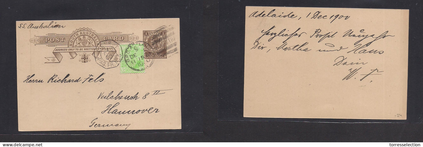 AUSTRALIA. 1900 (1 Dec) SA. Adelaide - Germany, Hannover. 1d Brown Stat Card + Adtl Via French Pqbt Ligne T. Fine. XSALE - Other & Unclassified