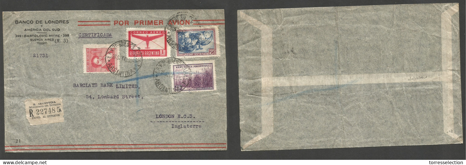 Argentina - XX. 1945 (28 Sept) ERV 2º - London, UK. Registered Air Multifkd Env. Comercial 3,45 Peso Rate. XSALE. - Sonstige & Ohne Zuordnung