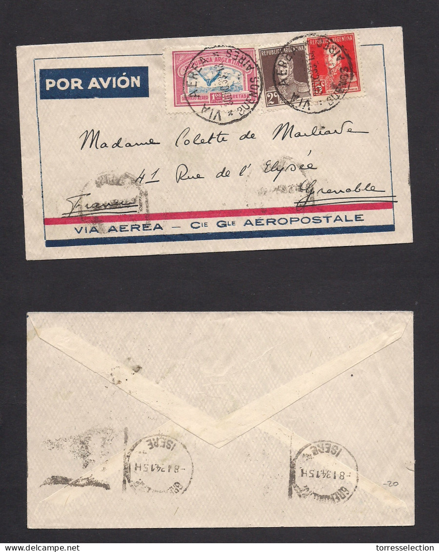 Argentina - XX. 1933 (30 Dic) Buenos Aires - France, Grenoble. France Aeropostale Air Multifkd Env. 1,15 Pesos Rate. XSA - Andere & Zonder Classificatie
