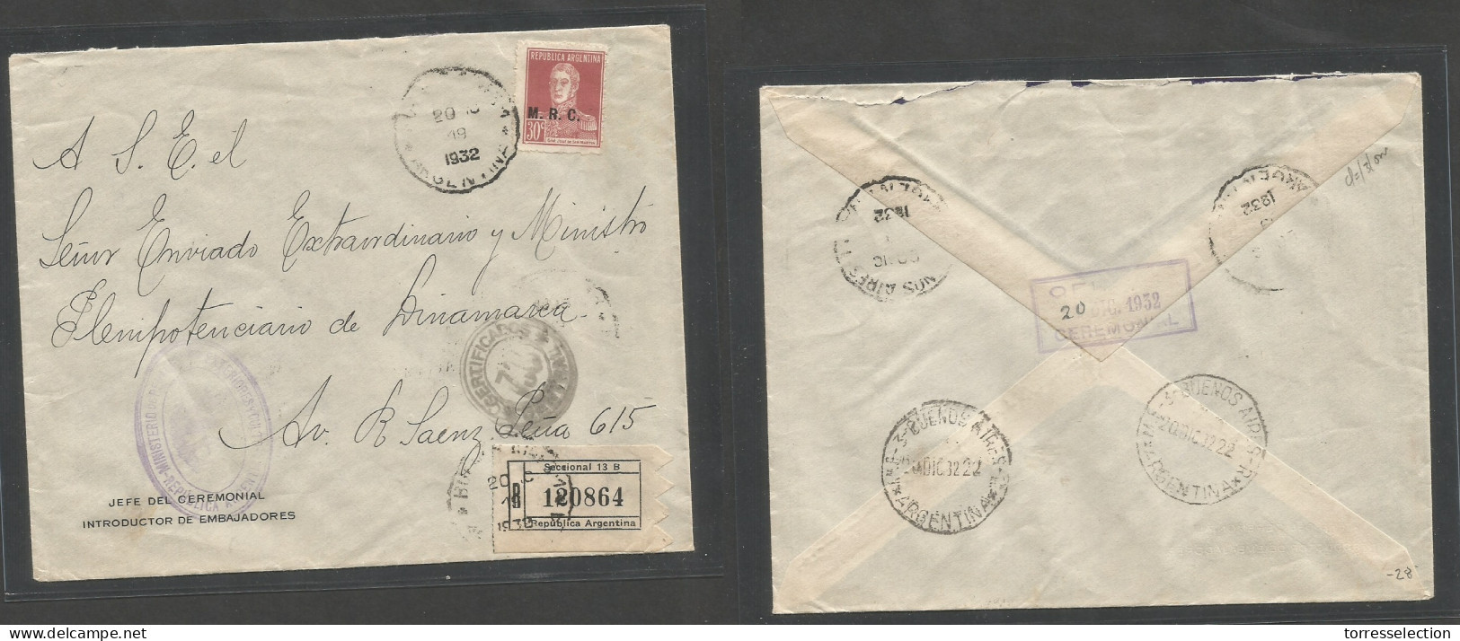 Argentina - XX. 1932 (20 Dic) Official Mail. MRC Ministerio Relaciones Exteriores. Local Registered Fkd Env At 30c Rate. - Andere & Zonder Classificatie