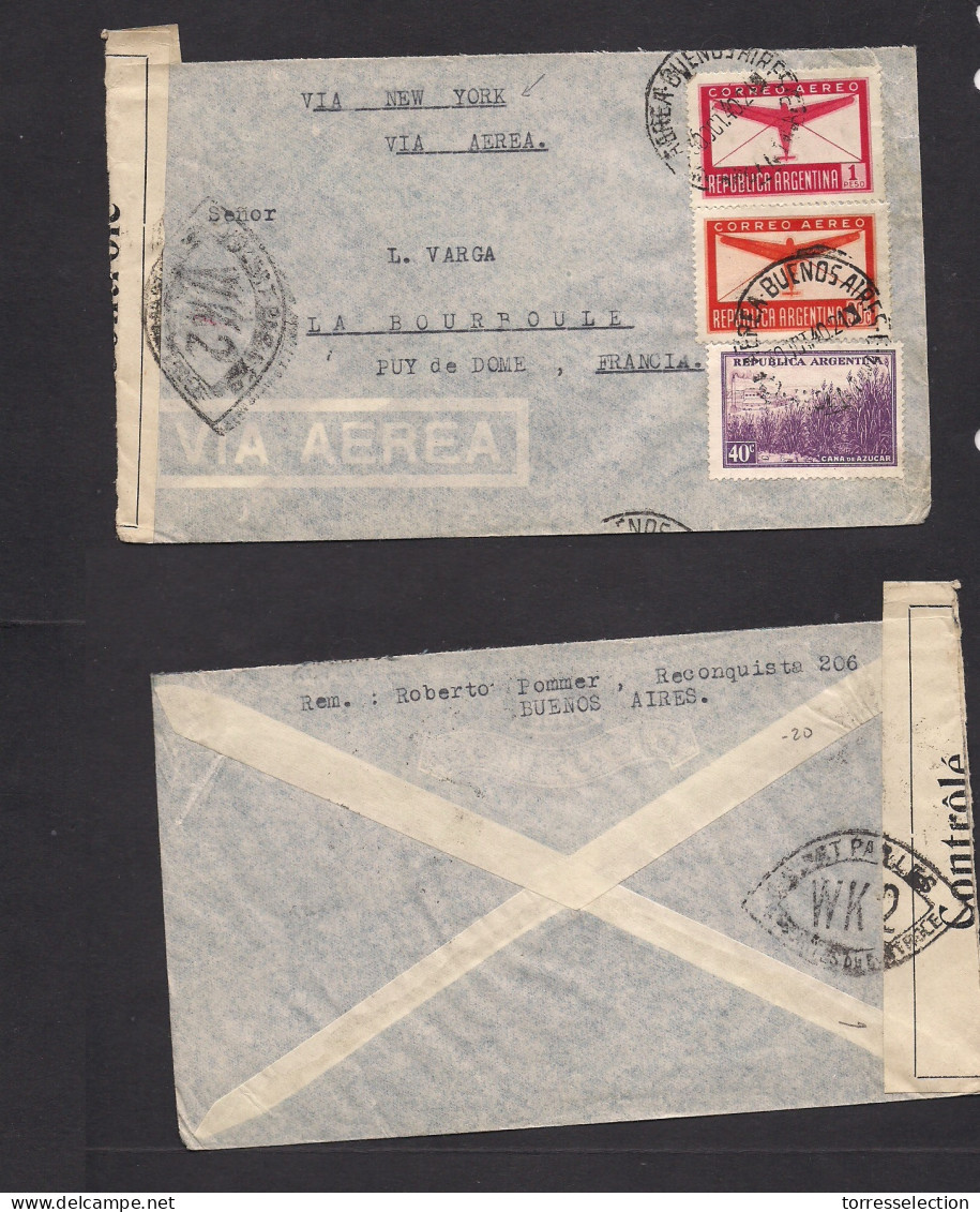 Argentina - XX. 1940 (30 Oct) Buenos Aires - France, Puy De Dome Via USA, NY. Censored Multifkd Env WWII Early Period. X - Other & Unclassified