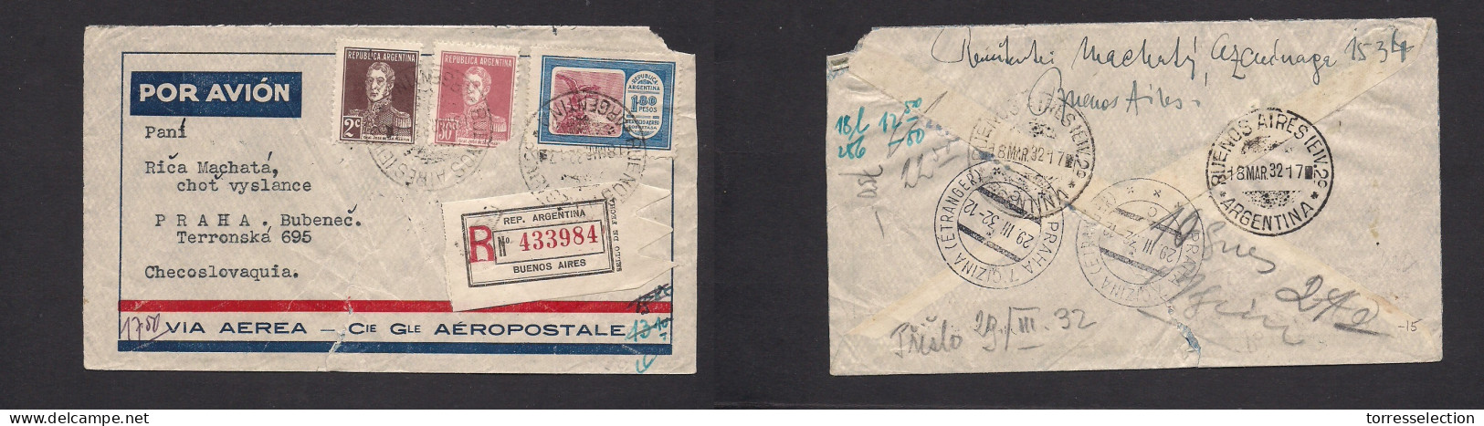 Argentina - XX. 1932 (18 Marzo) Buenos Aires - Czechoslovakia, Praha (29 Marzo) Registered Airmultifkd Envelope Via Fren - Andere & Zonder Classificatie