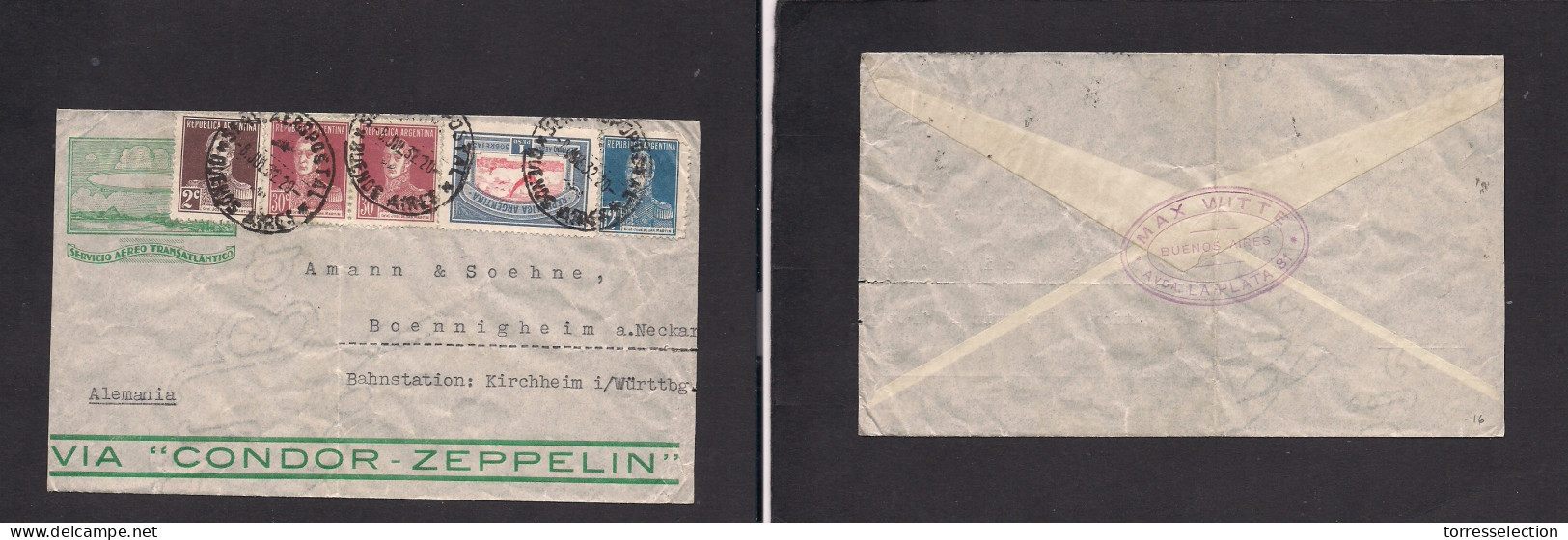 Argentina - XX. 1932 (8 July) Buenos Aires - Germany, Boennigheim Via Condor Air Multifkd Env, Cds. 1,74 Pesos Rate. XSA - Other & Unclassified