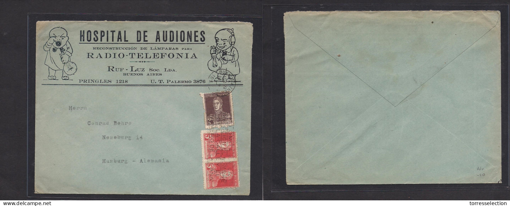 Argentina - XX. 1920 (Aug 29) Buenos Aires - Germany, Hamburg. Hospital De AUDIONES Illustrated Multifkd Env VF + Slogan - Andere & Zonder Classificatie