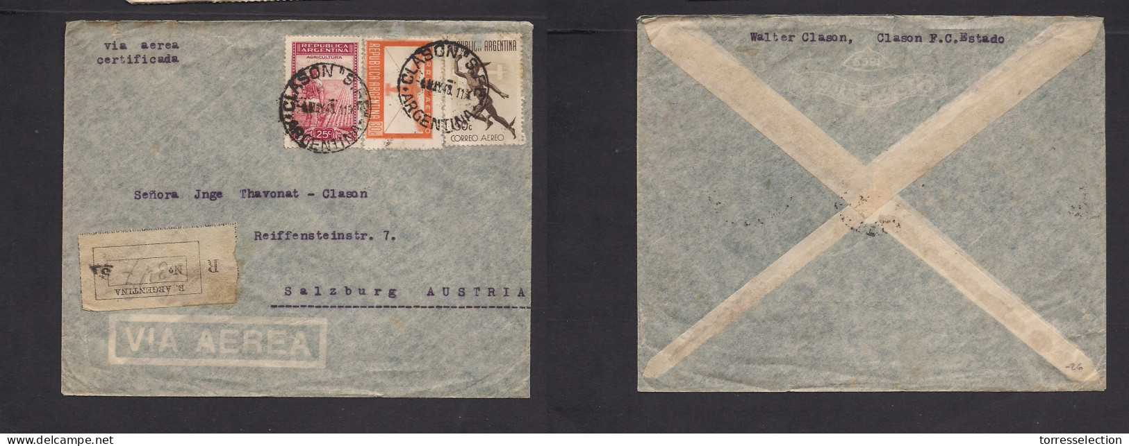 Argentina - XX. 1948 (4 May) Clason, Santa Fe - Austria, Salzburg. Registered Air Multifkd Envelope. XSALE. - Altri & Non Classificati