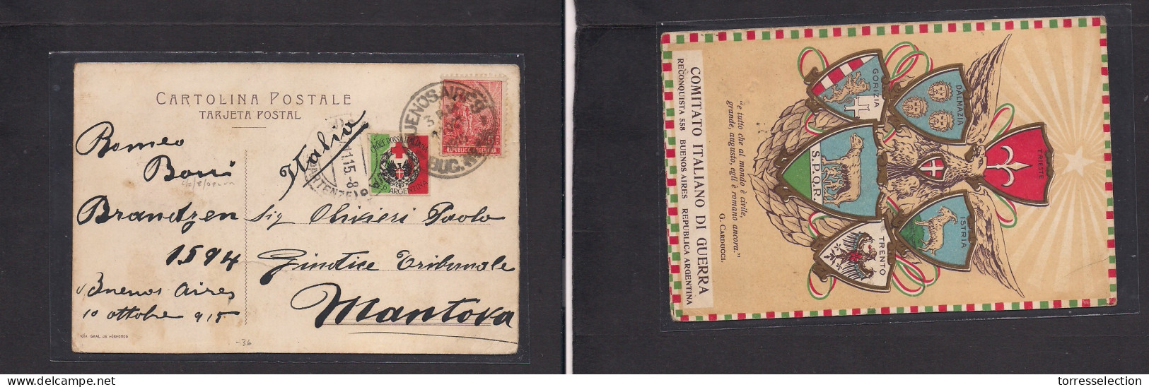 Argentina - XX. 1915 (11 Oct) Buenos Aires - Italy, Mantova. WWI Fkd Ppc + Italian Red Cross Label / Argentina Tied Cds. - Andere & Zonder Classificatie
