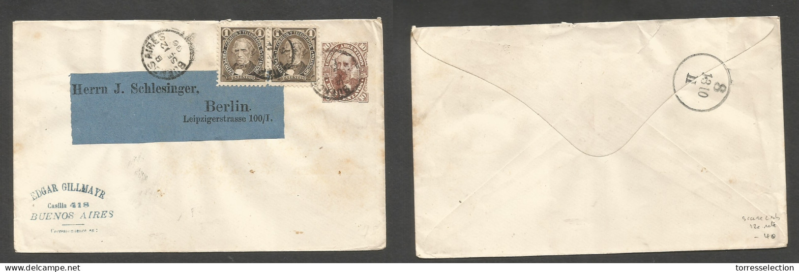 Argentina - XX. 1888 (Sept 12) Buenos Aires - Germany, Berlin (13 Oct) Brown Stat Env + Adtl (x2) 1c Brown Tied Cds On 1 - Other & Unclassified