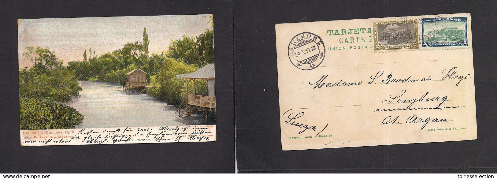Argentina - XX. 1910 (Oct) Rio De Las Conchas, Tigre - Switzerland, Lengburg (29 Oct) Color Multifkd Card. Fine Used. XS - Andere & Zonder Classificatie