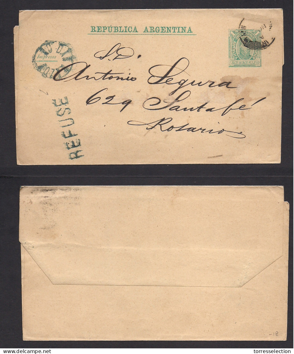 Argentina - Stationery. C. 1890s. Rosario Local Usage + Retour / Refuse. 1c Blue Complete Stat Wrapper. XSALE. - Other & Unclassified