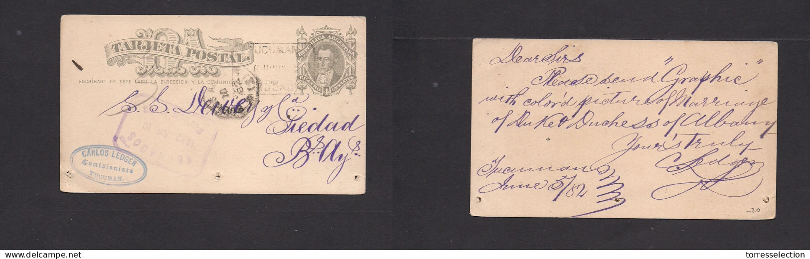 Argentina - Stationery. 1882 (5 June) Tucuman - Buenos Aires (10 June) 4c Grey Stat Card. XSALE. - Altri & Non Classificati