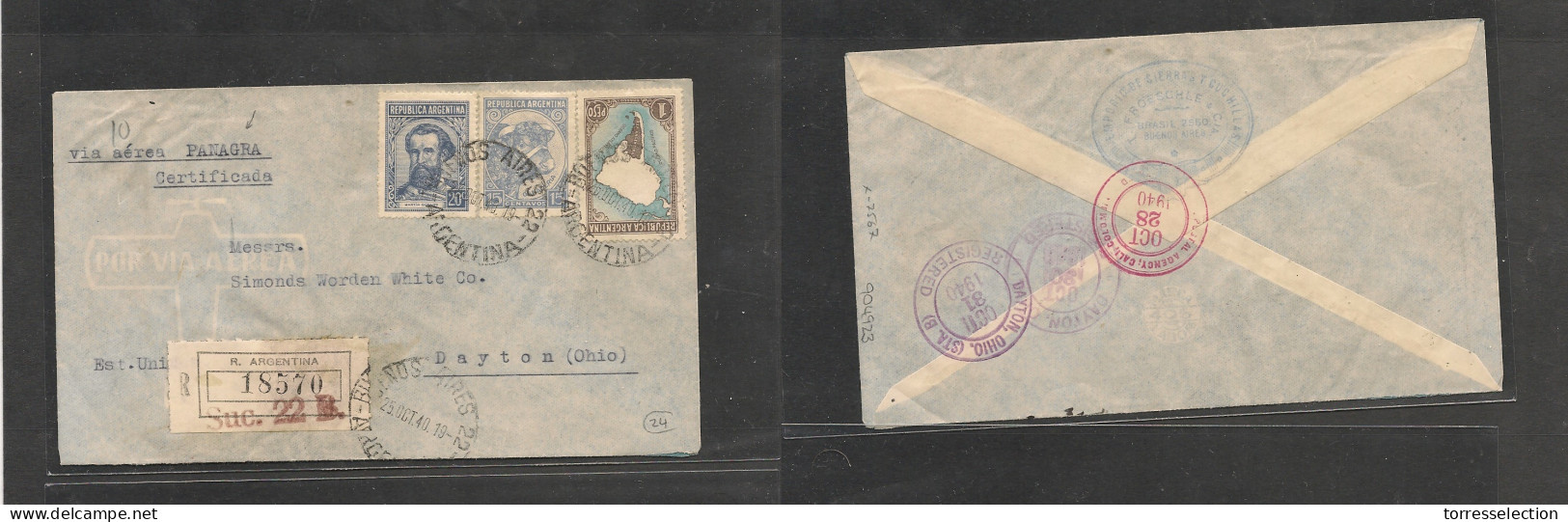 ARGENTINA. Argentine Cover - 1940 BA 22 To Dayton OH USA Registr Mult Fkd Env Via Panagra XSALE. - Altri & Non Classificati