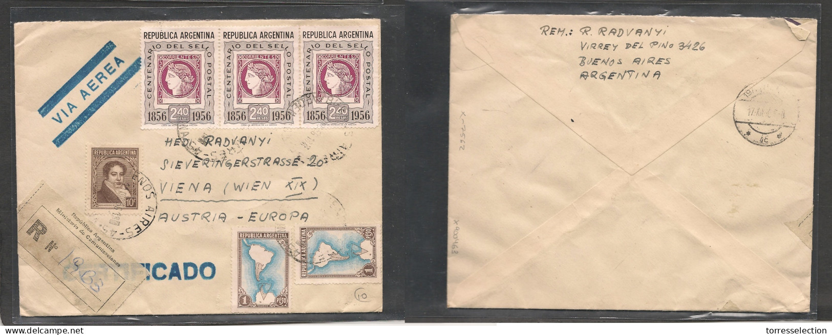 ARGENTINA. Argentina Cover - 1956 Minist Comunic To Austria Air Registr Mult Fkd Env,vf XSALE. - Altri & Non Classificati
