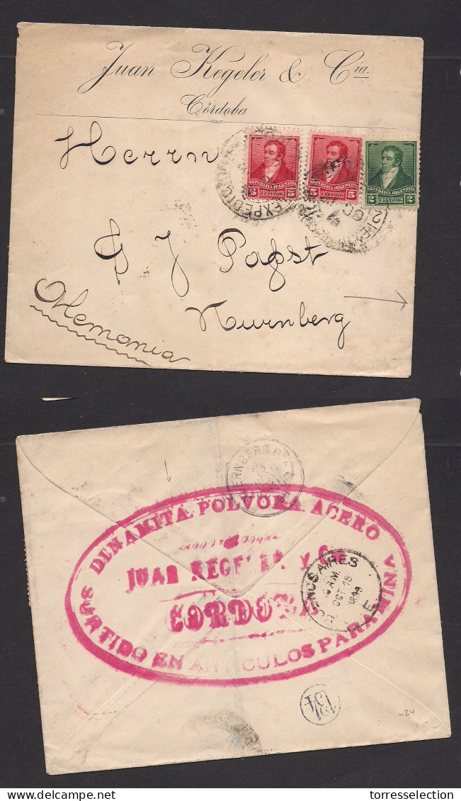 ARGENTINA. 1899 (17 Oct) Cordoba - Germany, Nuremberg. Surtidos POLVORA. Illustrated Multifkd Env, 12c Rate. XSALE. - Other & Unclassified