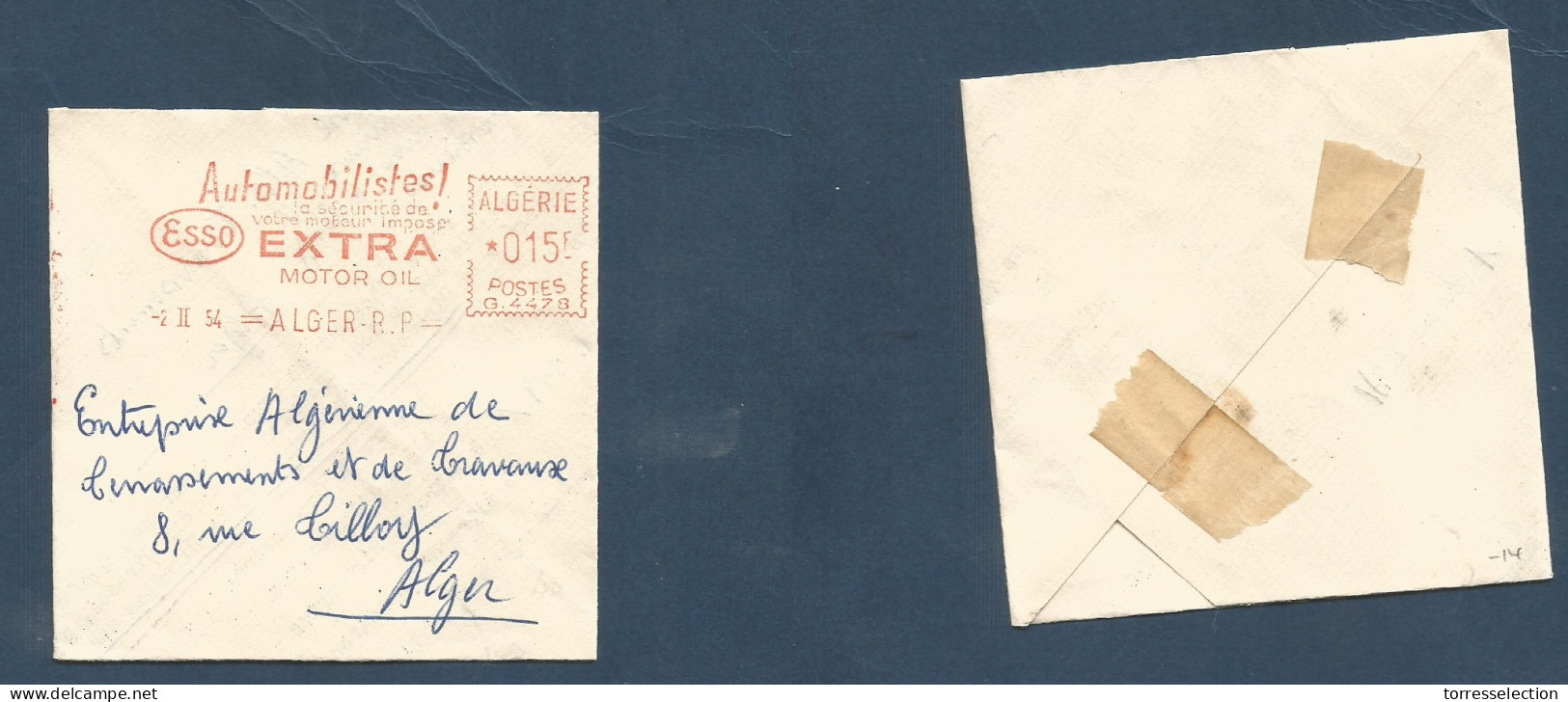 ALGERIA. 1954 (2 Feb) Alger Local Usage. Hand Made Machine Fkd Envelope. Esso Car Products. VF. XSALE. - Argelia (1962-...)