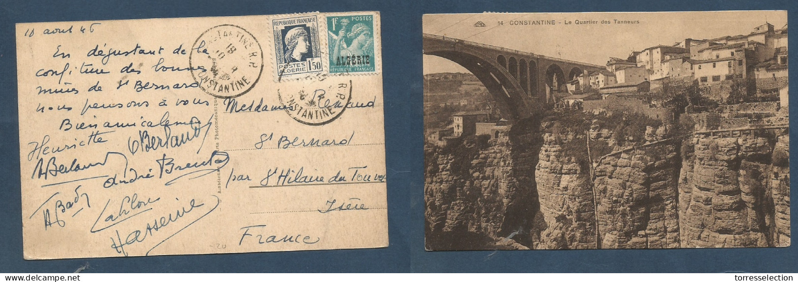 ALGERIA. 1946 (10 Aug) Constantine - France, Isere. Mixed Issues Incl Ovptd Fkd Ppc, Tied Cds. Group Of Seven Friends Vi - Algerien (1962-...)