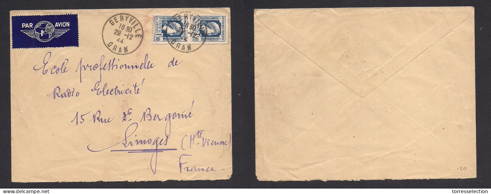 ALGERIA. 1944 (29 Dec) Gergville, Oran - France, Limonges. Air Multifkd Env. XSALE. - Algerien (1962-...)