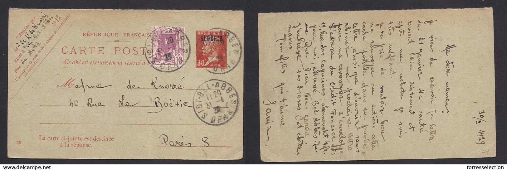 ALGERIA. 1929 (30-31 Jan) Side Bei Abbes, Oran - France, Paris. Pasteur Ovptd Stat Card + Adtl. Fine. XSALE. - Algérie (1962-...)