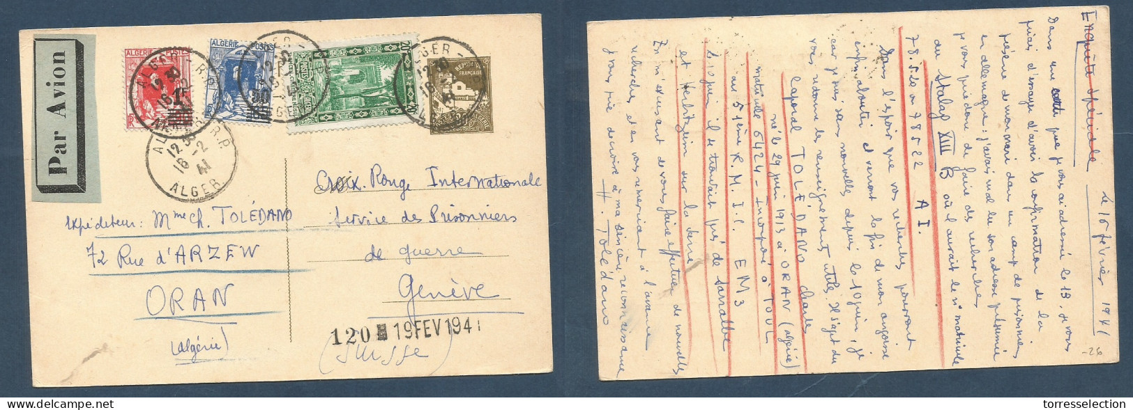 ALGERIA. 1941 (16 Feb) Alger - Switzerland, Geneva (19 Feb) 80c Dark Olive Multifkd Airmail Stat Card At 2,50 Fr Rate, T - Algérie (1962-...)