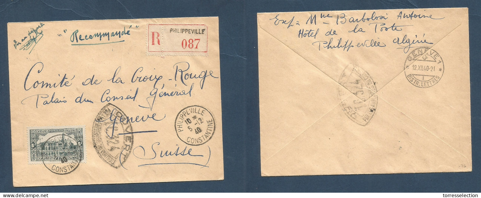 ALGERIA. 1940 (5 Dec) Philippeville - Switzerland, Geneve (12 Dec) Registered Single 5 Fr Fkd Censored Envelope POW Mail - Argelia (1962-...)
