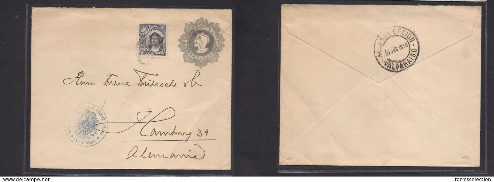 CHILE - Stationery. 1910 (16 June) Caldera - Germany, Hamburg Via Valp German Consular Mail Cachet 5c Grey Stat Env + 10 - Chile