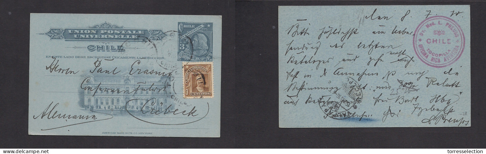 CHILE - Stationery. 1910 (8 July) Tocopila - Germany, Lubeck. 3c Grey / Blue Illustrated + 3c Adtl Stat Card, Cds. XSALE - Chili