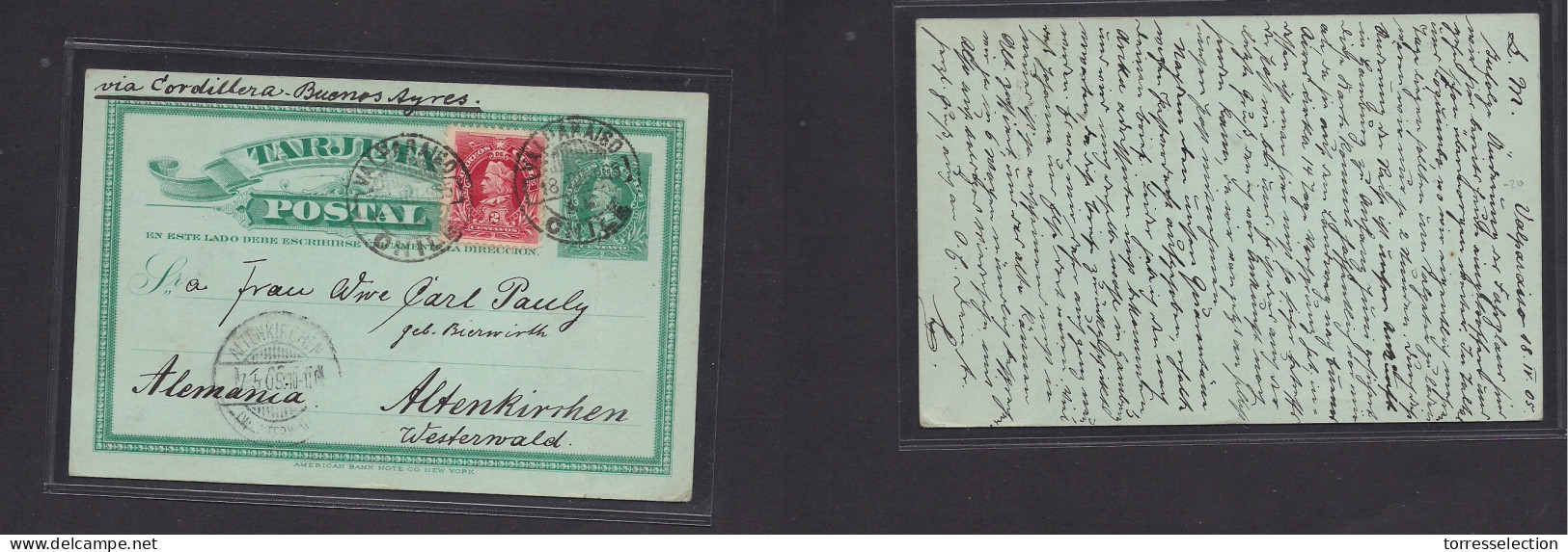 CHILE - Stationery. 1905 (18 Apr) Valp - Germany, Alterkirchen (17 May) 1c Green Stat Card + 2c Red Adtls Via Cordillera - Chile