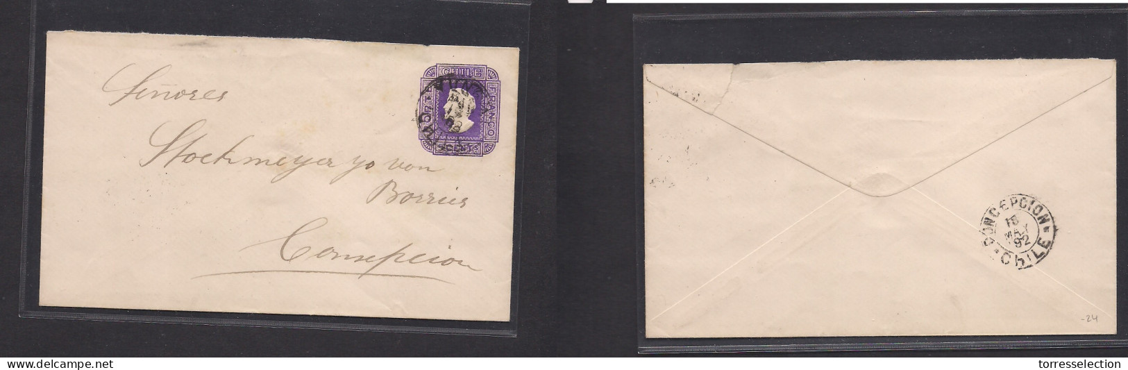 CHILE - Stationery. 1892 (17 May) Yungat - Concepcion. 5c Lilac Stationary Small Envelope, Cds. Paper Crossing Wavy Line - Chile
