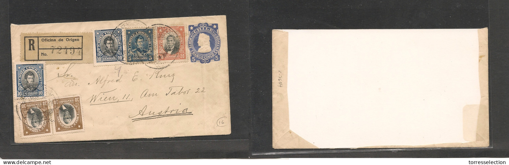 CHILE. Chile Cover - 1927 Santiago To Austria Registr Mult Fkd Stat Env+ Six Adtls, Part Of Flap Gone, Nice Usage XSALE. - Chile