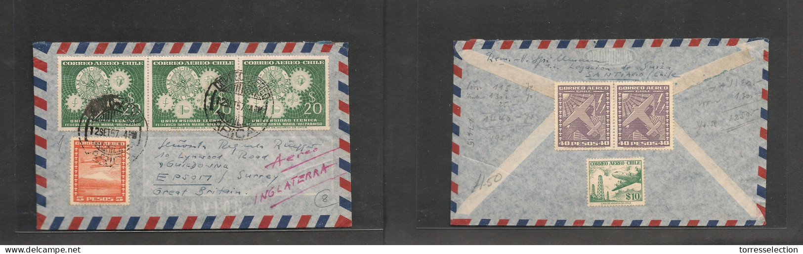 CHILE. Chile Cover - 1957 Arica To Epsom Uk Air Mult Fkd Env 155$ Pesos Rate, Interesting XSALE. - Chile