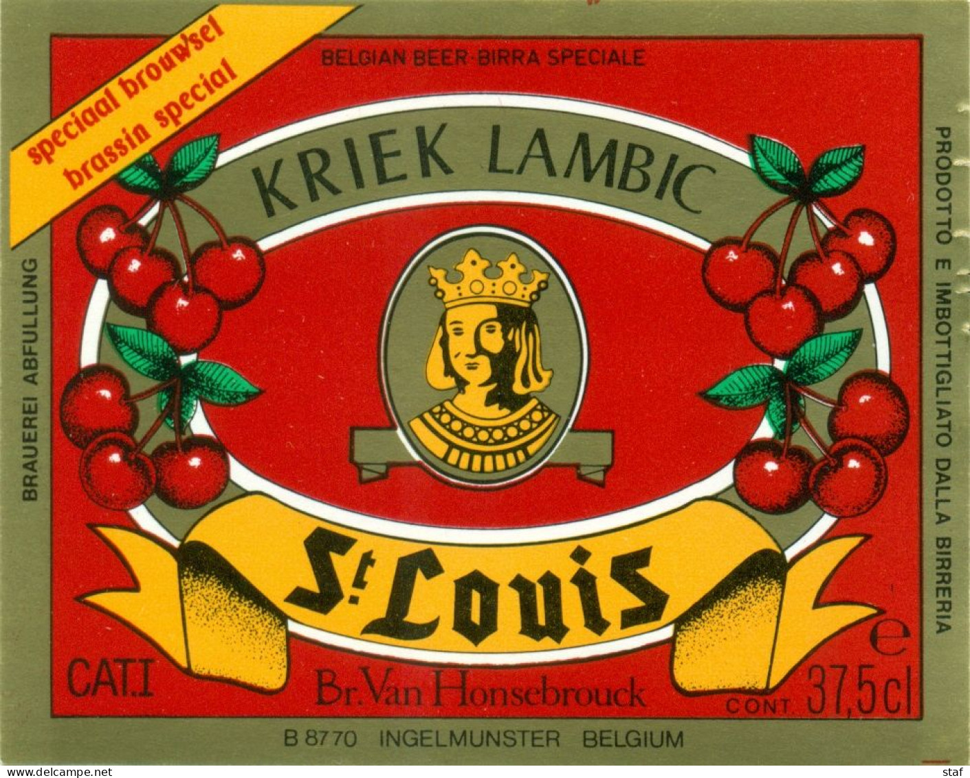 Oud Etiket Bier Kriek Lambic St Louis 37,5 Cl. - Brouwerij / Brasserie Van Honsebrouck Te Ingelmunster - Cerveza