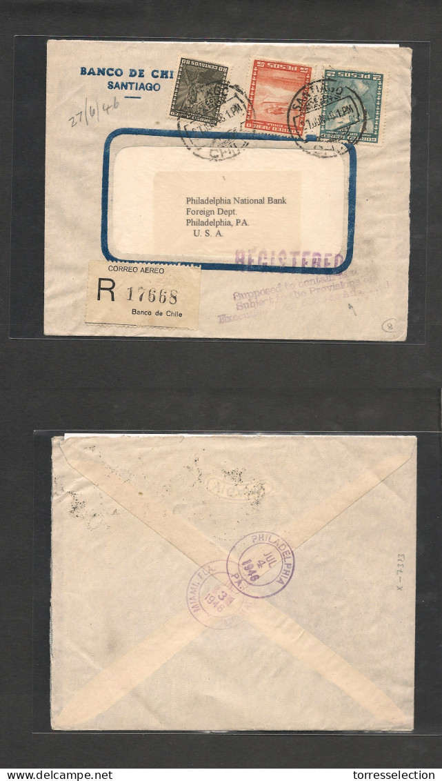 CHILE. Chile - Cover -1946 Stgo To USA Registr Mult Fkd Env Panagra+Panamerican + Aux Cachet. ExProf West UK Airmails Co - Chili