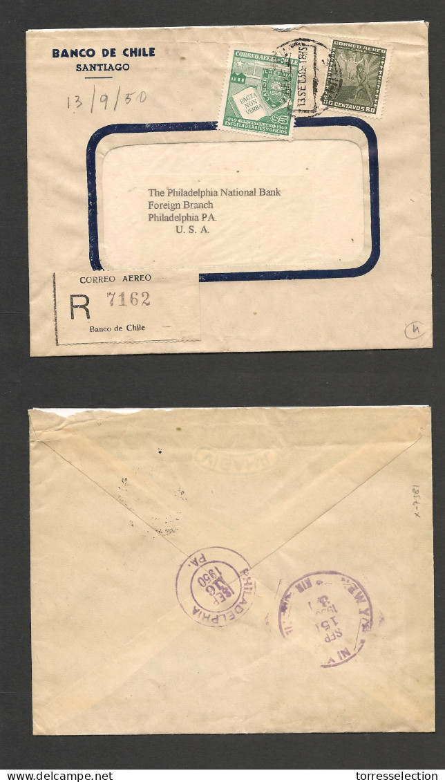CHILE. Chile - Cover -1950 15 Sept Stgo To USAregistr Mult Fkd Env Rate Air $5,80 Via NY Ex-Prof West UK Airmails Coll.- - Chile