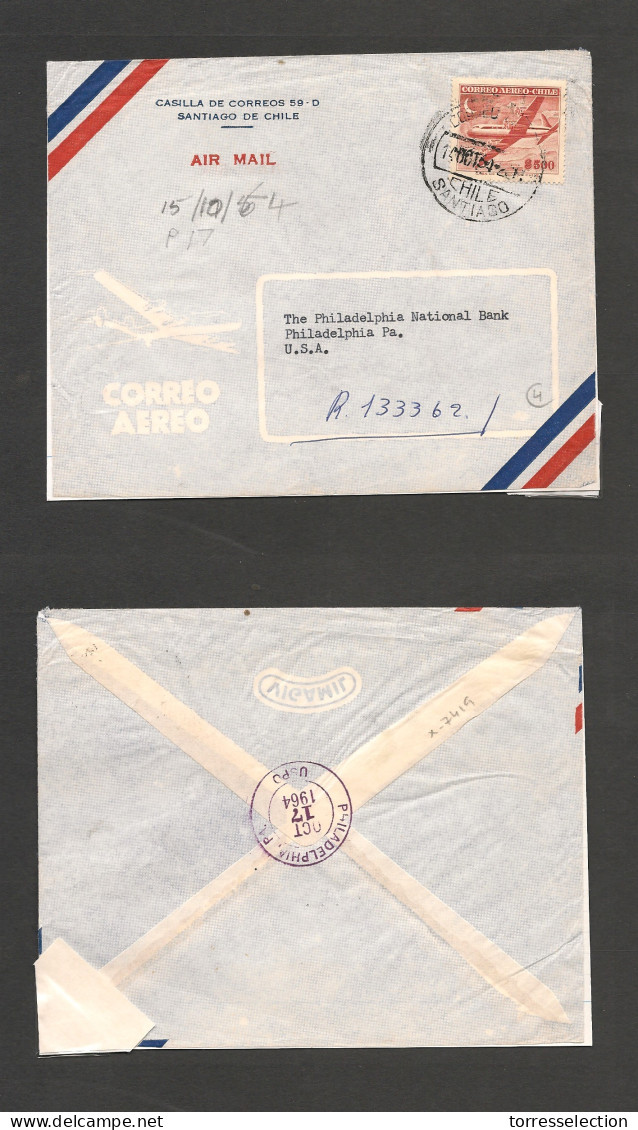 CHILE. Chile - Cover - 1964 14 Oct Stgo To USA Pha  Registr Air Single $500 Rate Fkd Env. Ex-Prof West UK Airmails Coll. - Chile