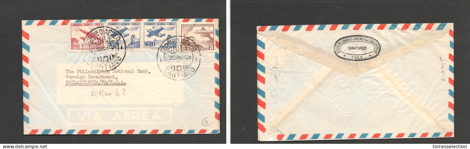 CHILE. Chile - Cover - 1962 21 March Stgo To USA Pha Air Mult Fkd Env $90,05 RateEx-Prof West UK Airmails Coll.- . Easy  - Chile